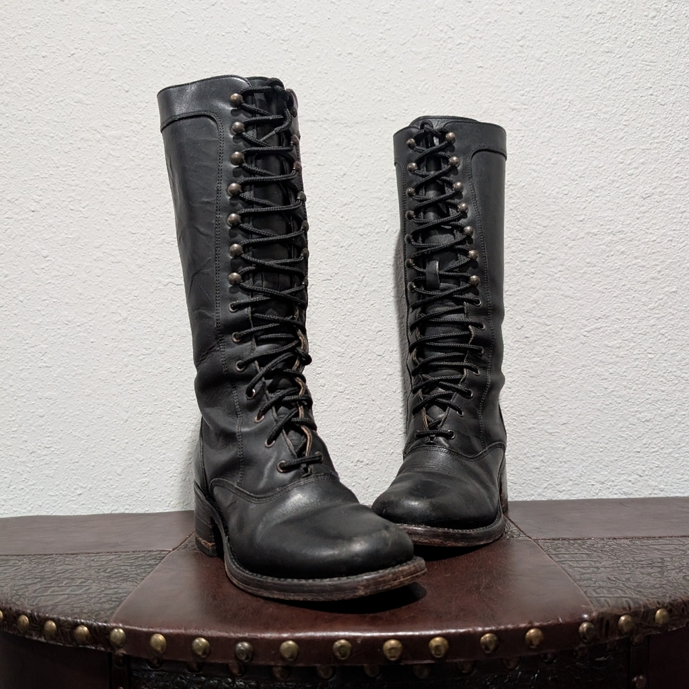 Rare Frye Campus Lug Vintage Lace Up Knee-High Black Antique Leather Boot Size 6 - Picture 12 of 15